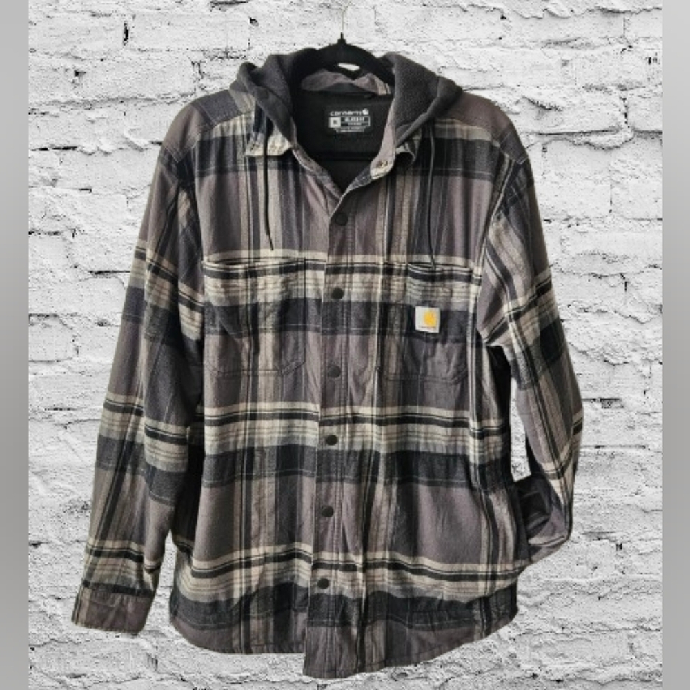 Carhartt Hooded Flannel Jacket Mens M Relaxed Fit Sherpa Lined Plaid Workwear